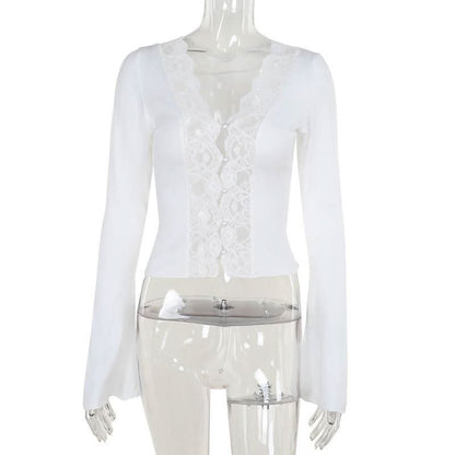 Long sleeve v neck lace hem button top  | Festival Outfits Women