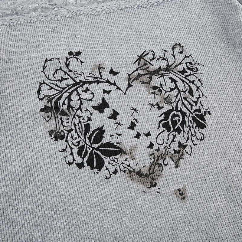 Long sleeve off shoulder ribbed heart pattern lace hem top  | Festival Outfits Women