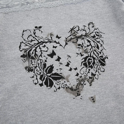 Long sleeve off shoulder ribbed heart pattern lace hem top  | Festival Outfits Women
