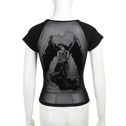 Short sleeve round neck print mesh top  | Festival Outfits Women