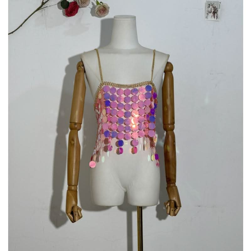 Glitter metal chain hollow out square neck cami cut out top  | Festival Outfits Women