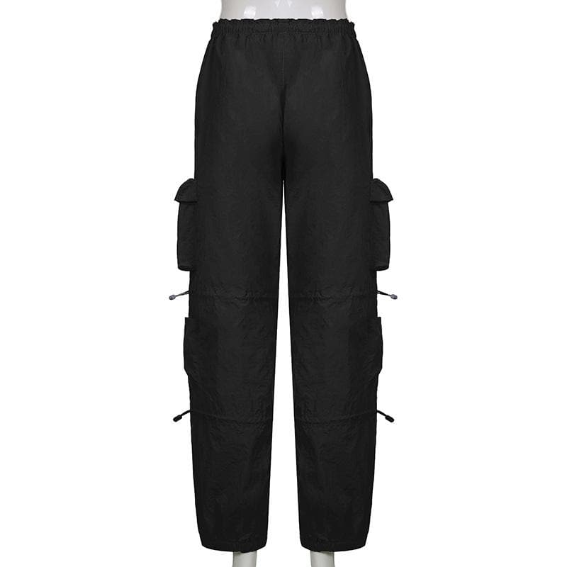 Drawstring solid cargo pocket low rise baggy pant Parachute pants