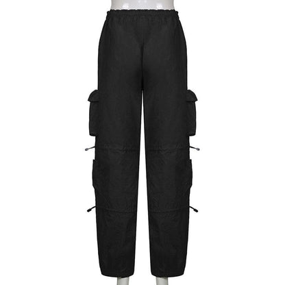 Drawstring solid cargo pocket low rise baggy pant Parachute pants