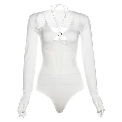 Long sleeve gloves o ring hollow out shrug 2 piece bodysuit  | Festival Outfits Women