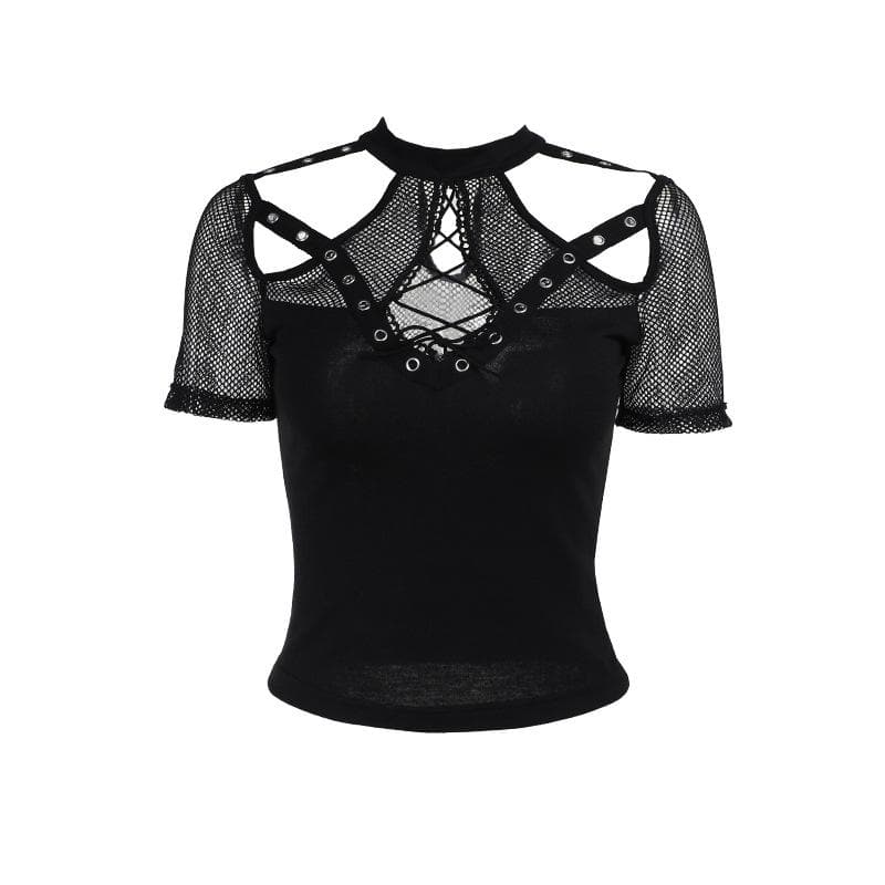 Short sleeve fishnet hollow out patchwork cut out top  | Festival Outfits Women