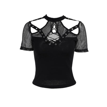 Short sleeve fishnet hollow out patchwork cut out top  | Festival Outfits Women
