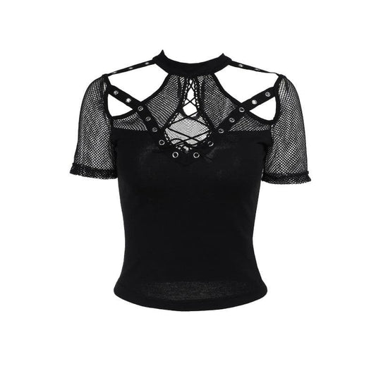 Short sleeve fishnet hollow out patchwork cut out top  | Festival Outfits Women