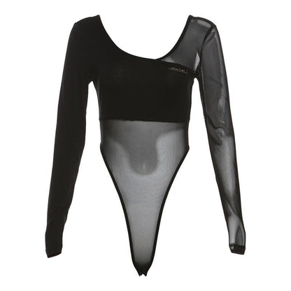 Long sleeve mesh metal tag patchwork bodysuit  | Festival Outfits Women