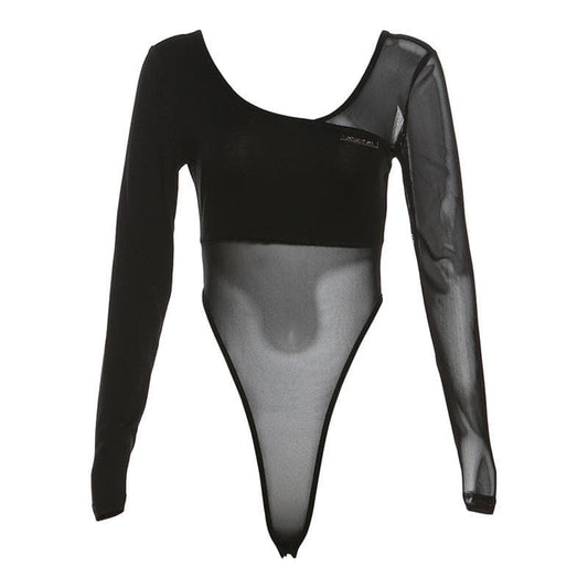 Long sleeve mesh metal tag patchwork bodysuit  | Festival Outfits Women
