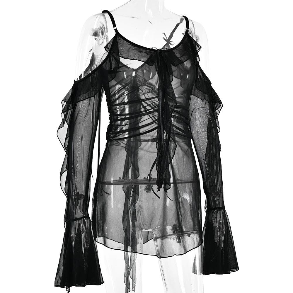 Long flared sleeve Off shoulder sheer mesh ruffle mini dress  | Festival Outfits Women