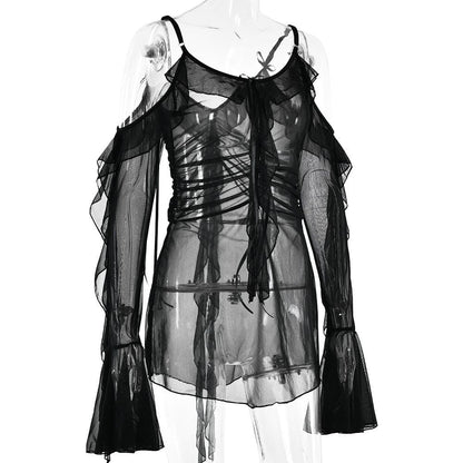 Long flared sleeve Off shoulder sheer mesh ruffle mini dress  | Festival Outfits Women