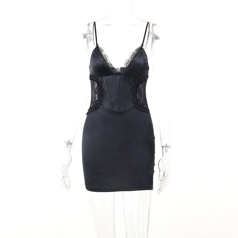Lace patchwork corset solid v neck cami mini dress  | Festival Outfits Women