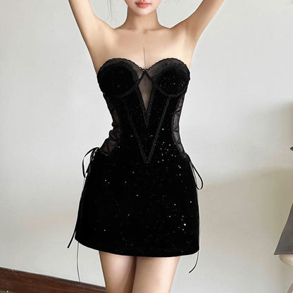 Sweetheart neck velvet lace up mesh beaded mini dress  | Festival Outfits Women