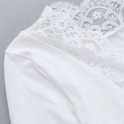 Long sleeve v neck lace hem button top  | Festival Outfits Women