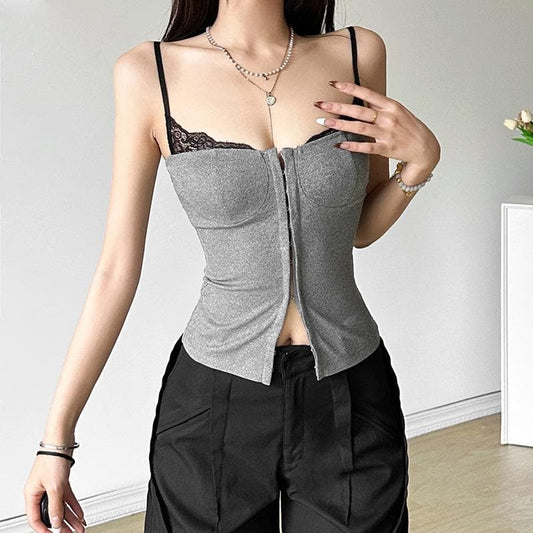 Ribbed lace hem button cami top  | Festival Outfits Women