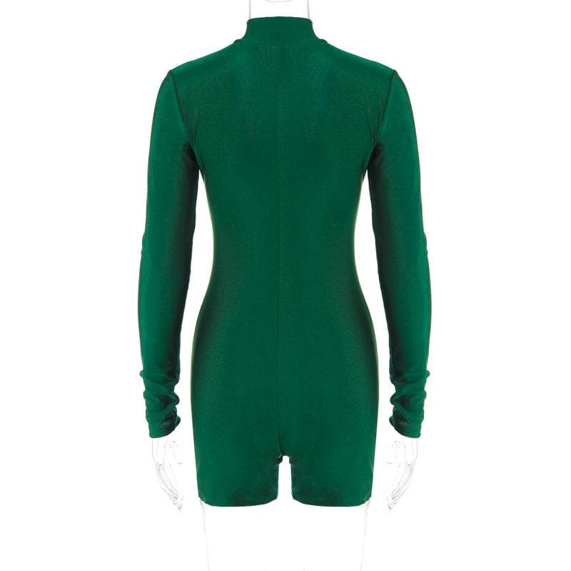 Zip-up solid long sleeve high neck romper  | Festival Outfits Women