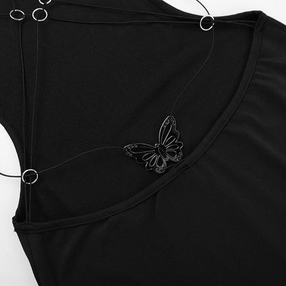 High neck o ring butterfly applique backless slit midi dress  | Festival Outfits Women