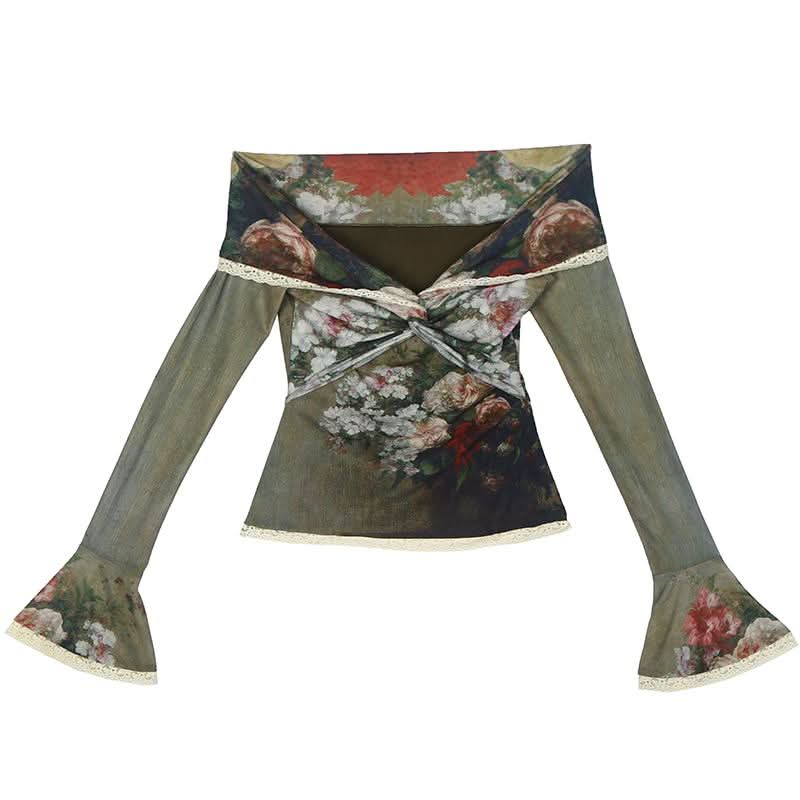 Long flared sleeve off shoulder lace hem flower print top  | Festival Outfits Women