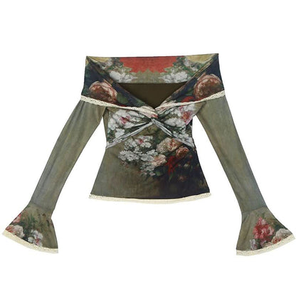 Long flared sleeve off shoulder lace hem flower print top  | Festival Outfits Women