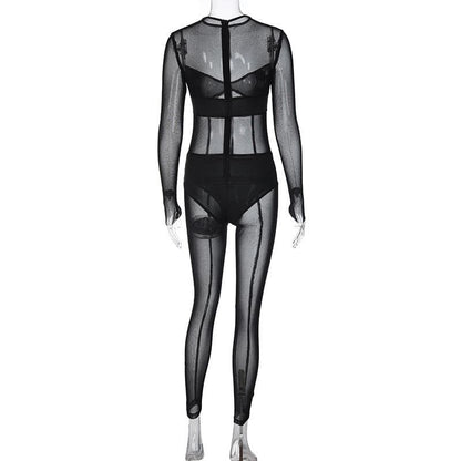 Mesh patchwork zip-up solid long sleeve jumpsuit  | Festival Outfits Women