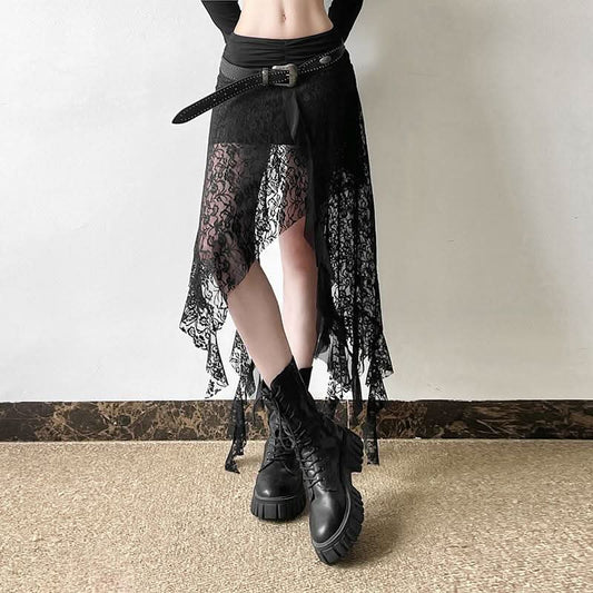 Lace mesh patchwork ruched ruffle midi skirt  | Festival Outfits Women