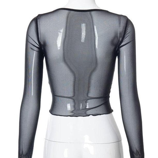 Hem lace ruffled long sleeve mesh crop top | Mesh Long Sleeve Crop Top