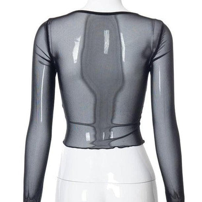 Hem lace ruffled long sleeve mesh crop top | Mesh Long Sleeve Crop Top