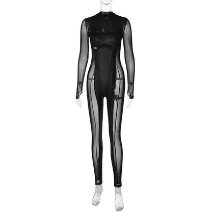 Long sleeve high neck mesh patchwork gloves stitch jumpsuit  | Festival Outfits Women
