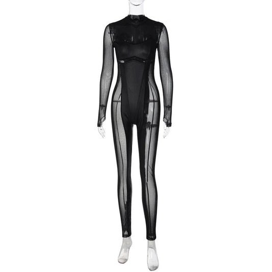 Long sleeve high neck mesh patchwork gloves stitch jumpsuit  | Festival Outfits Women