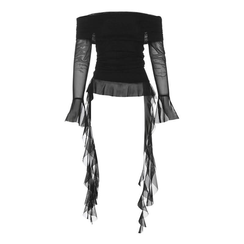 Long flared sleeve off shoulder mesh ruffle solid top  | Festival Outfits Women