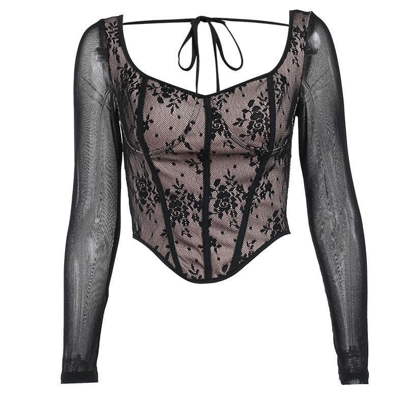 Lace contrast corset long sleeve zip-up self tie top  | Festival Outfits Women