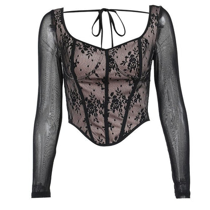 Lace contrast corset long sleeve zip-up self tie top  | Festival Outfits Women