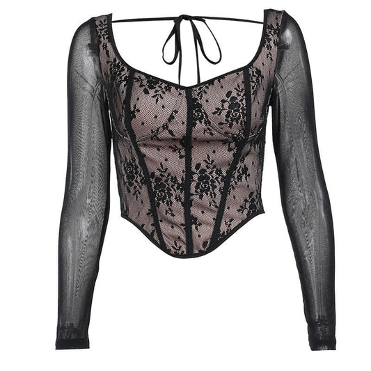 Lace contrast corset long sleeve zip-up self tie top  | Festival Outfits Women