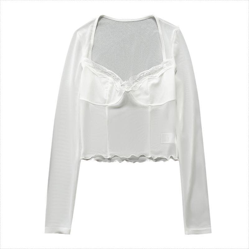 Hem lace ruffled long sleeve mesh crop top | Mesh Long Sleeve Crop Top