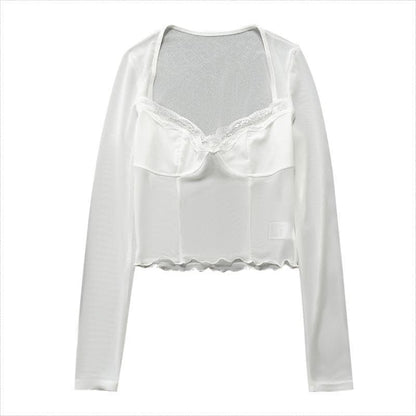 Hem lace ruffled long sleeve mesh crop top | Mesh Long Sleeve Crop Top