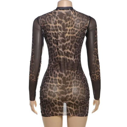 Crewneck long sleeve leopard print mesh mini dress  | Festival Outfits Women  | Leopard Print Mini Dress