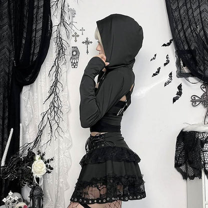 Hoodie long sleeve buckle cross back crop top  | Festival Outfits Women