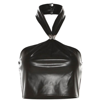 Halter PU leather button butterfly applique top  | Festival Outfits Women