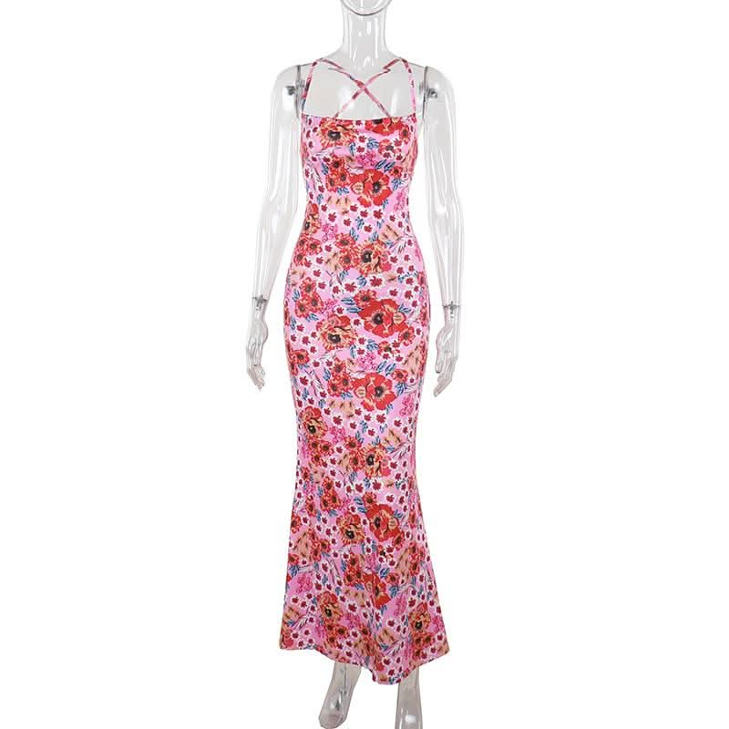 Cross back self tie flower print cami maxi dress  | Festival Outfits Women