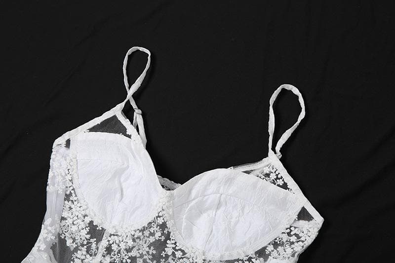 Mesh embroidery ruffle backless cami top  | Festival Outfits Women