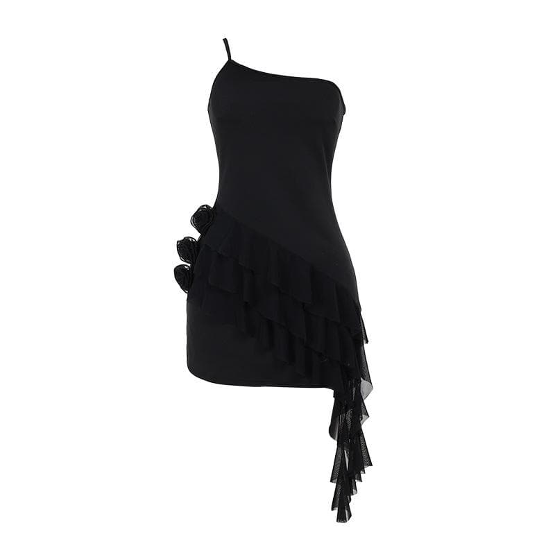 One shoulder ruffle flower applique mini dress  | Festival Outfits Women