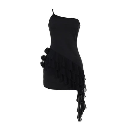 One shoulder ruffle flower applique mini dress  | Festival Outfits Women