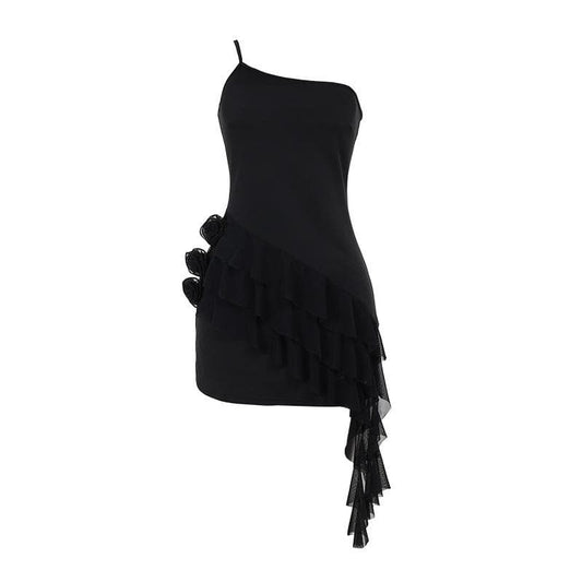 One shoulder ruffle flower applique mini dress  | Festival Outfits Women