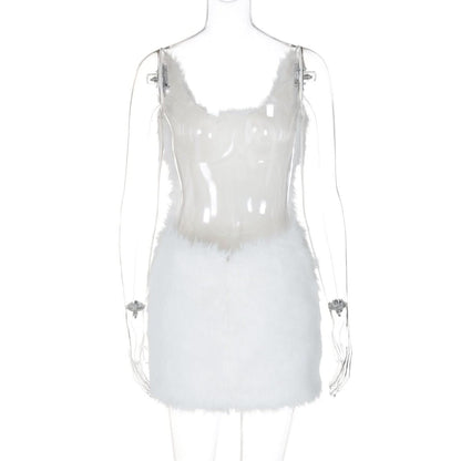 U neck fluffy zip-up backless cami mini dress  | Festival Outfits Women