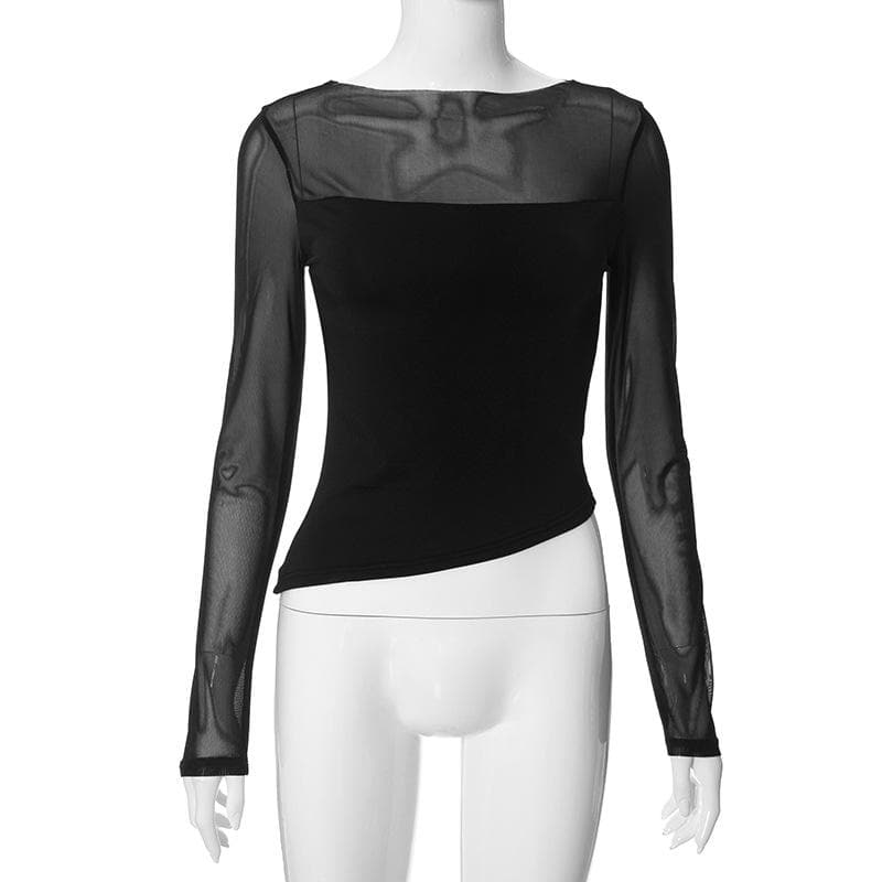 Mesh patchwork irregular solid long sleeve top  | Festival Outfits Women