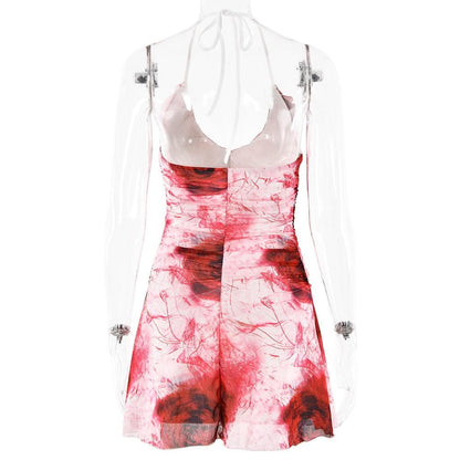 Halter ruffle rose print ruched backless cami mini dress  | Festival Outfits Women