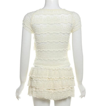 Crewneck cap sleeve textured ruched solid mini skirt set  | Festival Outfits Women