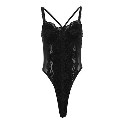 Patchwork v neck lace contrast bodysuit  | Festival Outfits Women