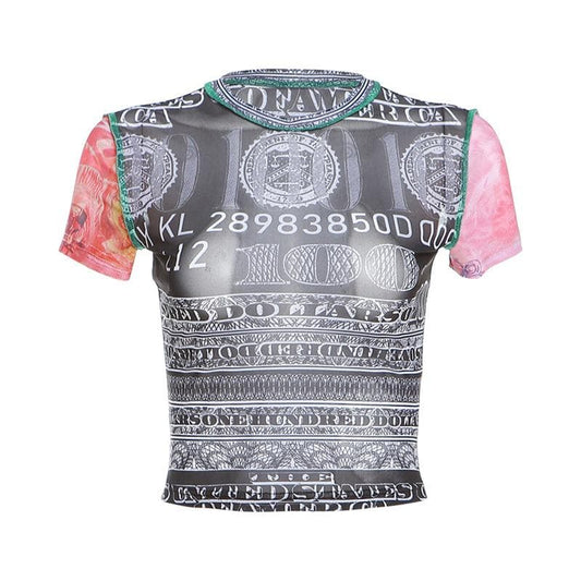 Short sleeve crewneck sheer mesh print top  | Festival Outfits Women