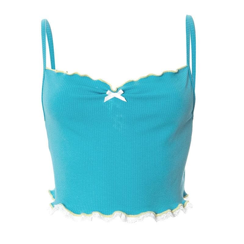 Lace hem ruffle bowknot ribbed cami crop top  | Festival Outfits Women